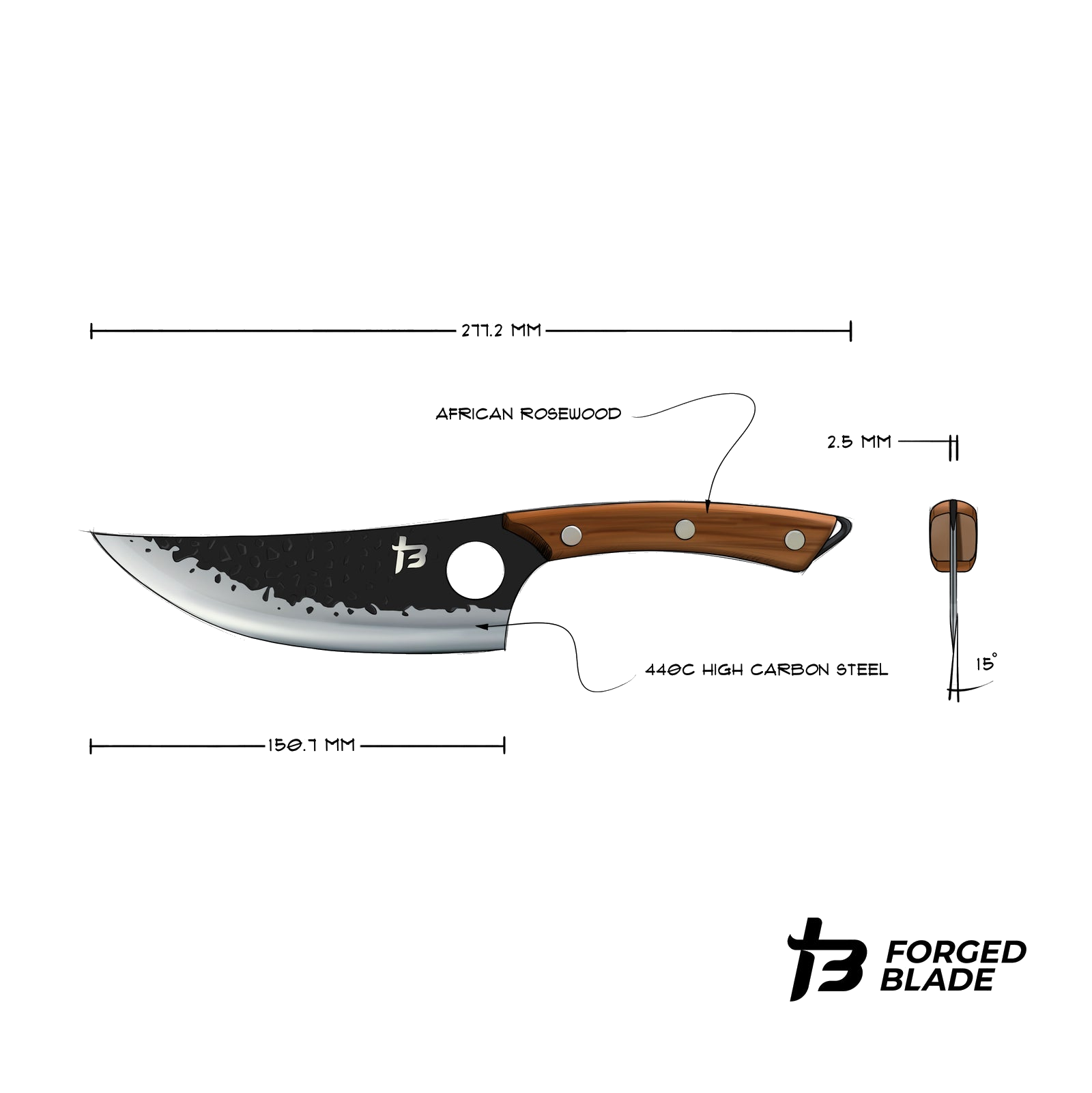 Explorer Series boning knife technical diagram showing dimensions and materials on a plain white background