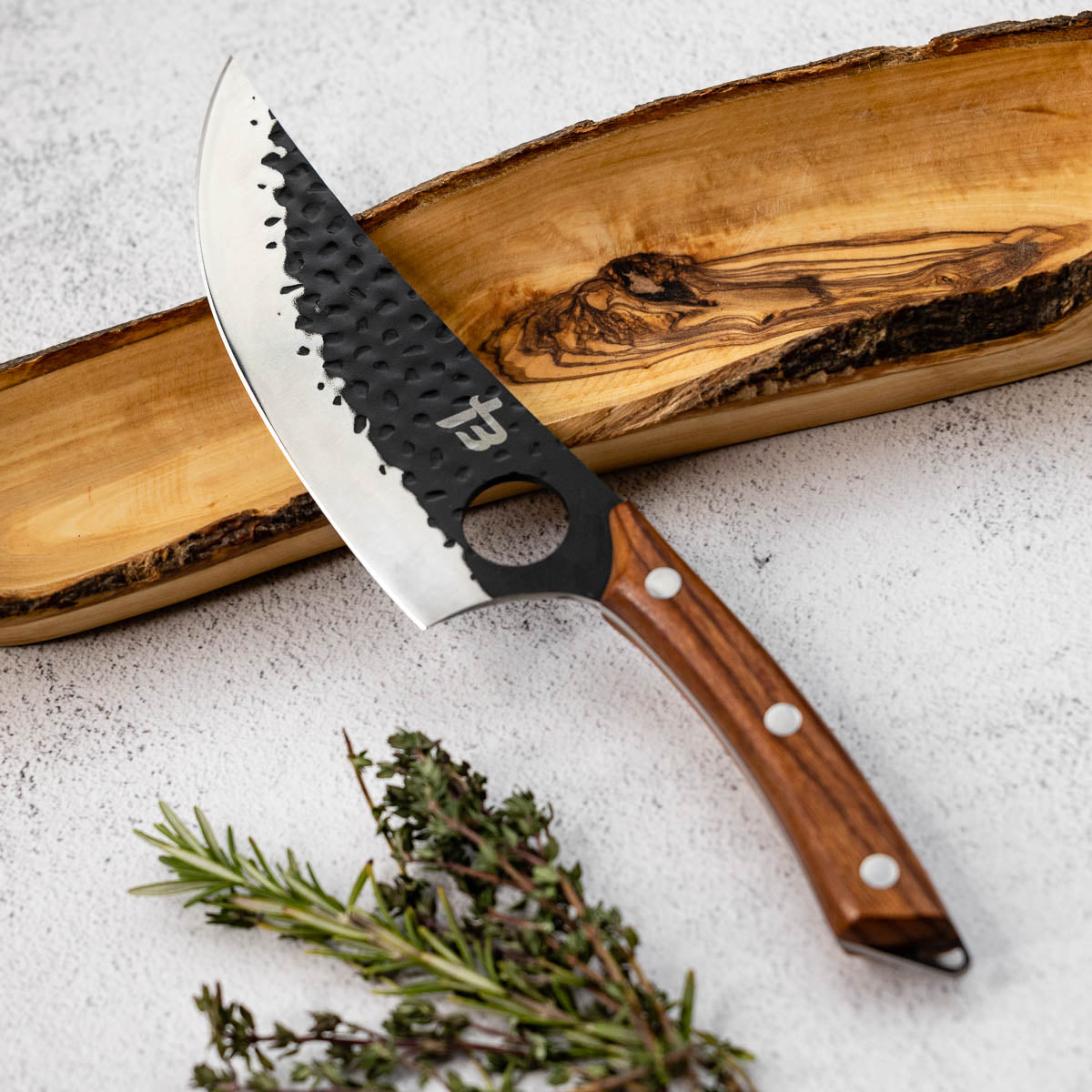 Explorer Boning Knife on live-edge board
